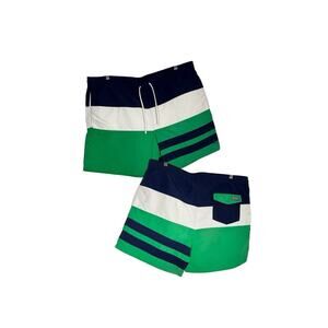 Men's Polo Ralph Lauren Swim Trunks Green White Blue Stripped- Pockets XL